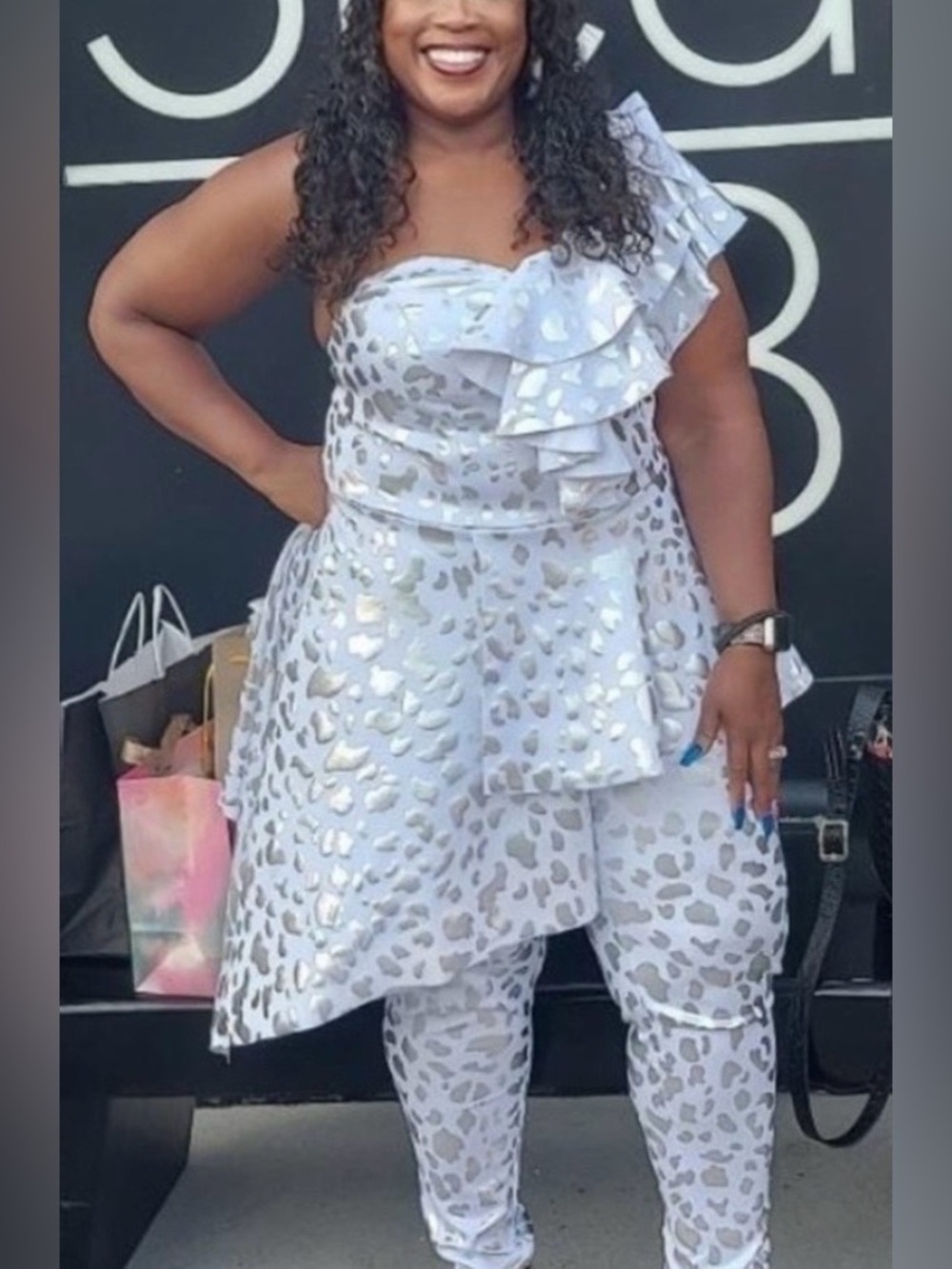 Womens white & silver leopard print top & capri pants set by Ashley Stewart.